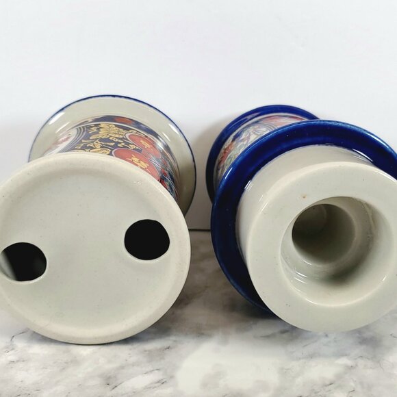 Imari Style Porcelain Candlestick Set of 2 Asian Inspired Blue Red Floral Candle - Picture 6 of 7